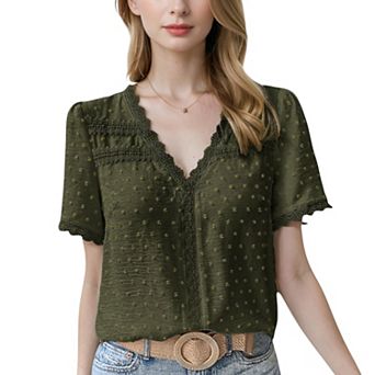 Women's Textured Lace Trim V-Neck Short Sleeve Blouse