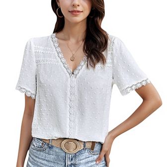 Women's Textured Lace Trim V-Neck Short Sleeve Blouse