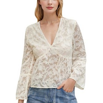Women's Sheer Floral Lace Blouse with Flared Long Sleeves