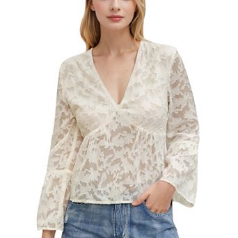 Women's Sheer Floral Lace Blouse with Flared Long Sleeves