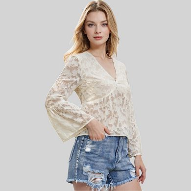 Women's Sheer Floral Lace Blouse with Flared Long Sleeves
