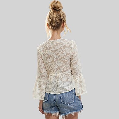 Women's Sheer Floral Lace Blouse with Flared Long Sleeves