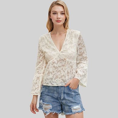 Women's Sheer Floral Lace Blouse with Flared Long Sleeves