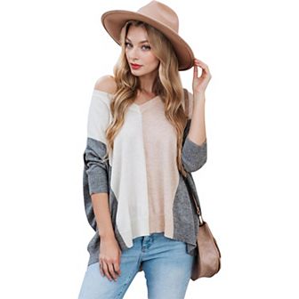 Women's V-Neck Patchwork Multicolor One Shoulder Sweater