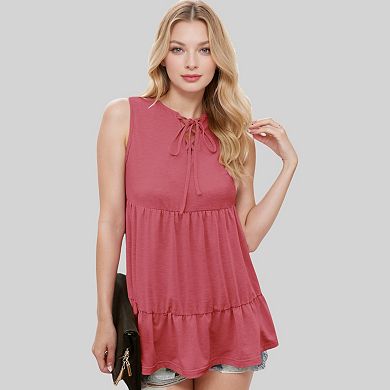 Women's Sleeveless Babydoll Top with Lace-Up Neckline