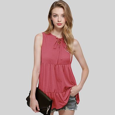 Women's Sleeveless Babydoll Top with Lace-Up Neckline