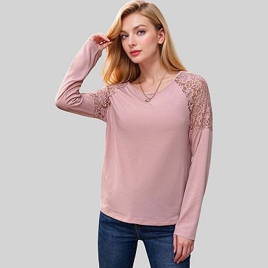 Women's Lace Raglan Sleeve Top with Sheer Floral Shoulder Detail