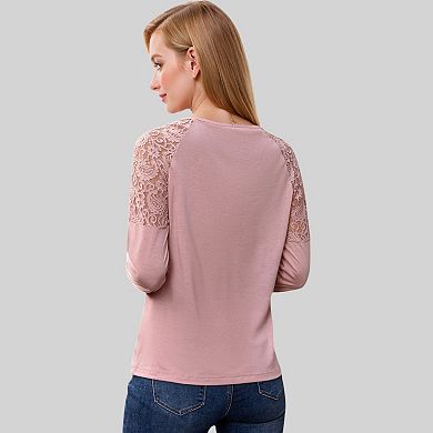 Women's Lace Raglan Sleeve Top with Sheer Floral Shoulder Detail