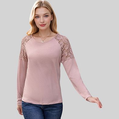 Women's Lace Raglan Sleeve Top with Sheer Floral Shoulder Detail