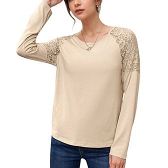 Women's Lace Raglan Sleeve Top with Sheer Floral Shoulder Detail
