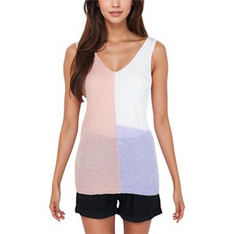 Women's V-Neck Color Block Sleeveless Sweater Top Lightweight Knit Design