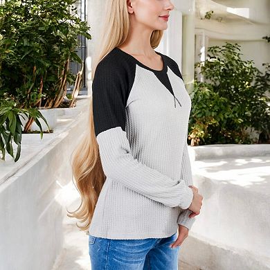 Women's Long Sleeve Waffle Knit Top with Raglan Color Block Sleeves and Crew Neck