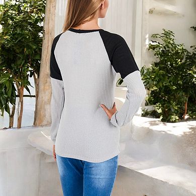 Women's Long Sleeve Waffle Knit Top with Raglan Color Block Sleeves and Crew Neck