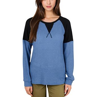 Women's Long Sleeve Waffle Knit Top with Raglan Color Block Sleeves and Crew Neck