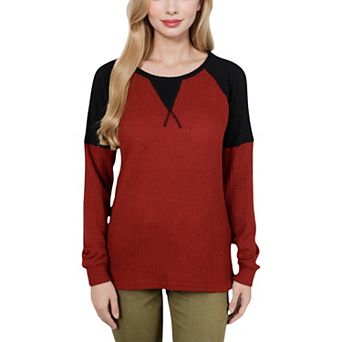 Women's Long Sleeve Waffle Knit Top with Raglan Color Block Sleeves and Crew Neck