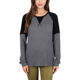 Women's Long Sleeve Waffle Knit Top with Raglan Color Block Sleeves and Crew Neck