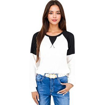 Women's Long Sleeve Waffle Knit Top with Raglan Color Block Sleeves and Crew Neck