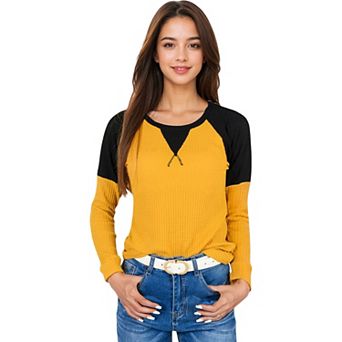 Women's Long Sleeve Waffle Knit Top with Raglan Color Block Sleeves and Crew Neck