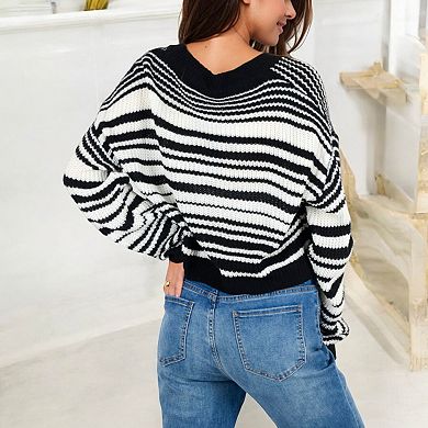 Women's Striped Knit Sweater with Long Sleeves and Relaxed Fit