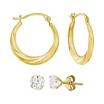 Taylor Grace 10k Gold 2-Pair Cubic Zirconia Stud & Polished Hoop Earring Set