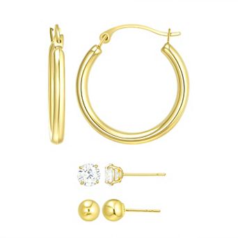 Taylor Grace 10k Gold 3-Pair Cubic Zirconia Stud & Hoop Earring Set