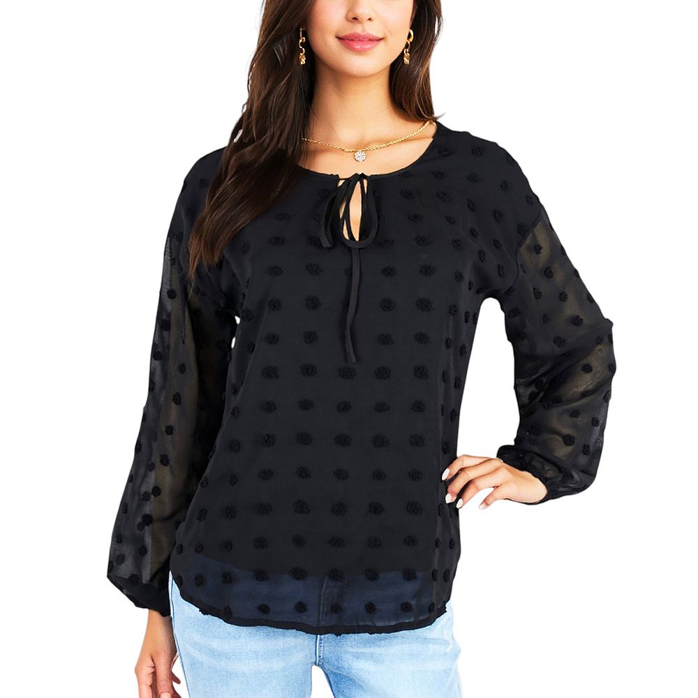 Bow Detail Flounce Sleeve Polka Dot Chiffon Top