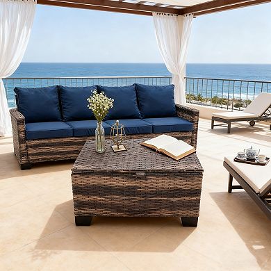 2 - Piece Outdoor PE Wicker Double Loveseat with Storage Coffee Table
