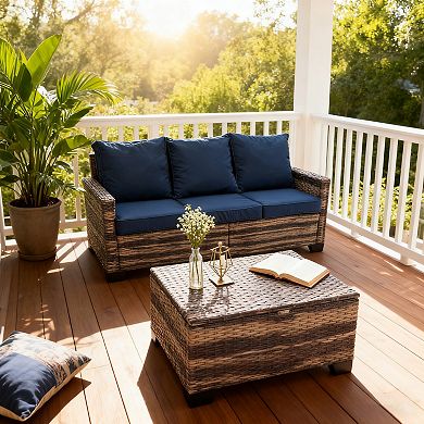 2 - Piece Outdoor PE Wicker Double Loveseat with Storage Coffee Table
