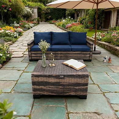 2 - Piece Outdoor PE Wicker Double Loveseat with Storage Coffee Table