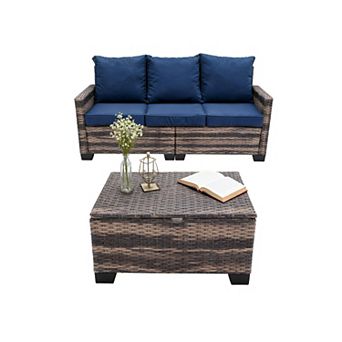 2 - Piece Outdoor PE Wicker Double Loveseat with Storage Coffee Table