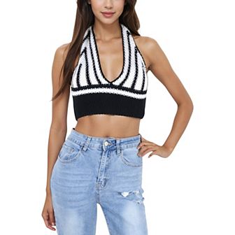 Women's Striped Knit Halter Crop Top with Deep V-Neckline