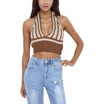 Women's Striped Knit Halter Crop Top with Deep V-Neckline