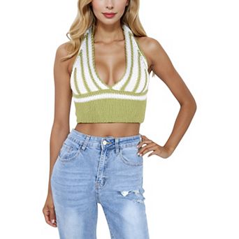 Women's Striped Knit Halter Crop Top with Deep V-Neckline