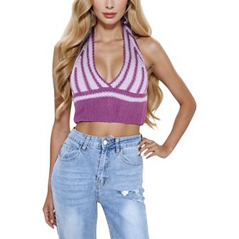 Women's Striped Knit Halter Crop Top with Deep V-Neckline