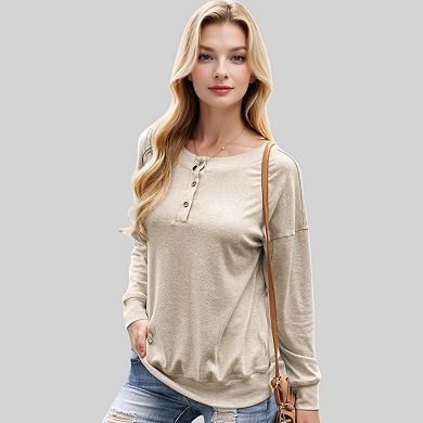 Women's Long Sleeve Henley Pullover with Button Detail and Ribbed Cuffs