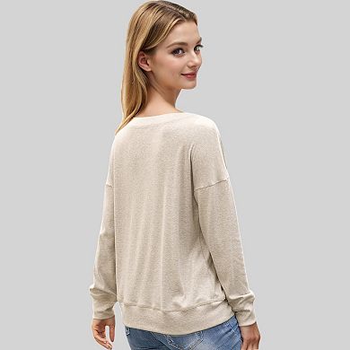 Women's Long Sleeve Henley Pullover with Button Detail and Ribbed Cuffs
