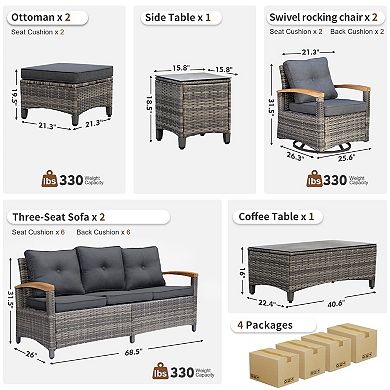 7-Piece PE Wicker Patio Set Swivel Rockers Ottoman 3-Seat Sofa Table All-Weather Conversation Set