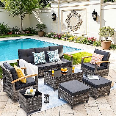 7-Piece PE Wicker Patio Set Swivel Rockers Ottoman 3-Seat Sofa Table All-Weather Conversation Set
