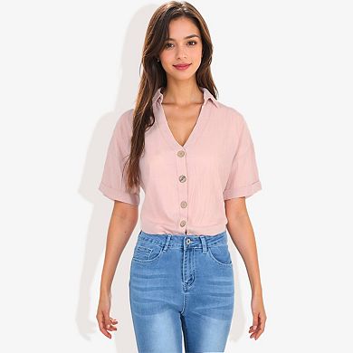 Women's Short Sleeve Button Down Shirt with V-Neckline