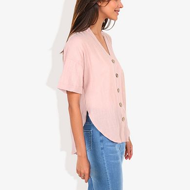 Women's Short Sleeve Button Down Shirt with V-Neckline