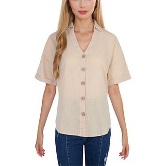 Women's Short Sleeve Button Down Shirt with V-Neckline