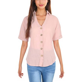 Women's Short Sleeve Button Down Shirt with V-Neckline