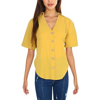 Women's Short Sleeve Button Down Shirt with V-Neckline