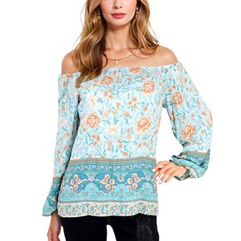 Women's Off Shoulder Floral Print Long Sleeve Bohemian Blouse