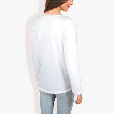 Women's Rivet Detail Notched V-Neck Textured Pocket Detail Long Sleeve Pullover Top