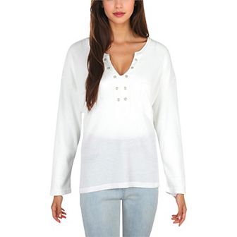 Women's Rivet Detail Notched V-Neck Textured Pocket Detail Long Sleeve Pullover Top