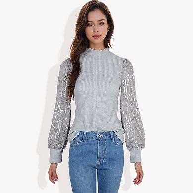 Women's Mock Neck Long Sleeve Top Sequin Detail Ribbed Knit Pullover