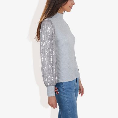 Women's Mock Neck Long Sleeve Top Sequin Detail Ribbed Knit Pullover