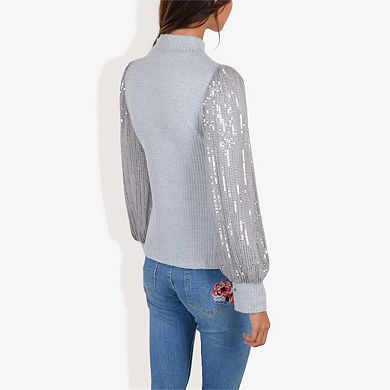 Women's Mock Neck Long Sleeve Top Sequin Detail Ribbed Knit Pullover