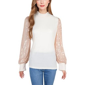 Women's Mock Neck Long Sleeve Top Sequin Detail Ribbed Knit Pullover